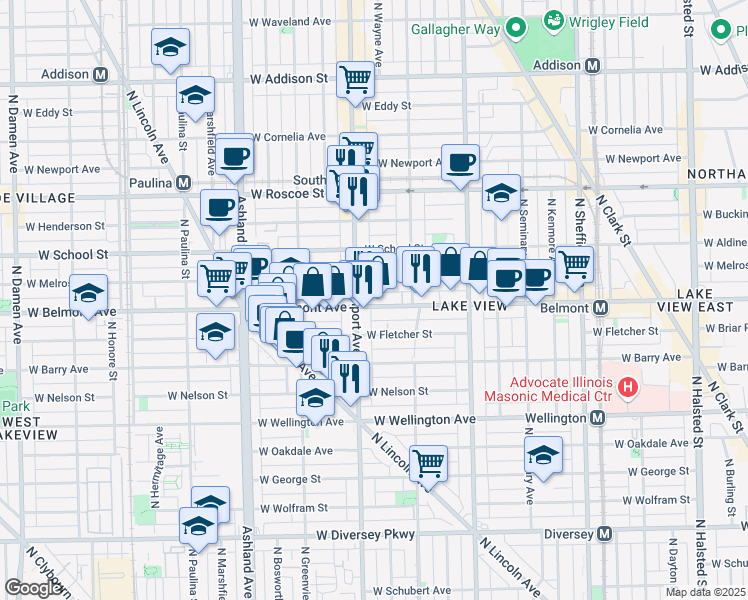 map of restaurants, bars, coffee shops, grocery stores, and more near 1346 West Belmont Avenue in Chicago