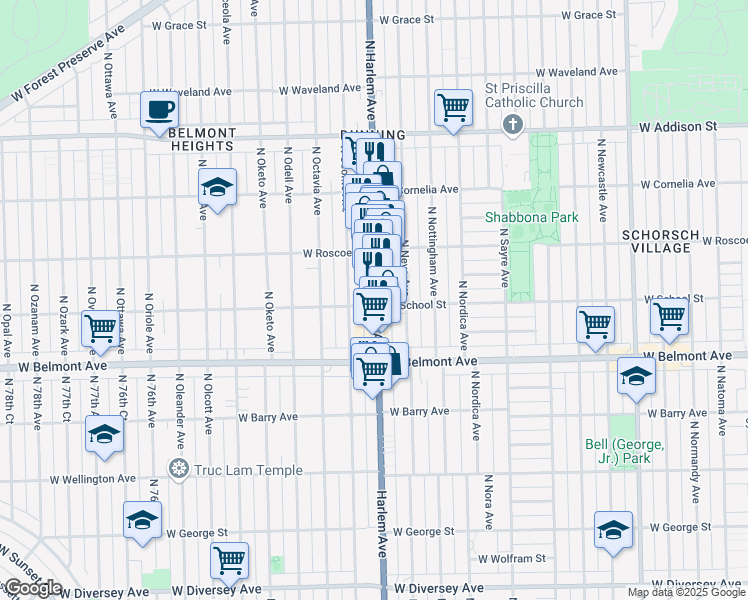 map of restaurants, bars, coffee shops, grocery stores, and more near 3302 North Harlem Avenue in Chicago