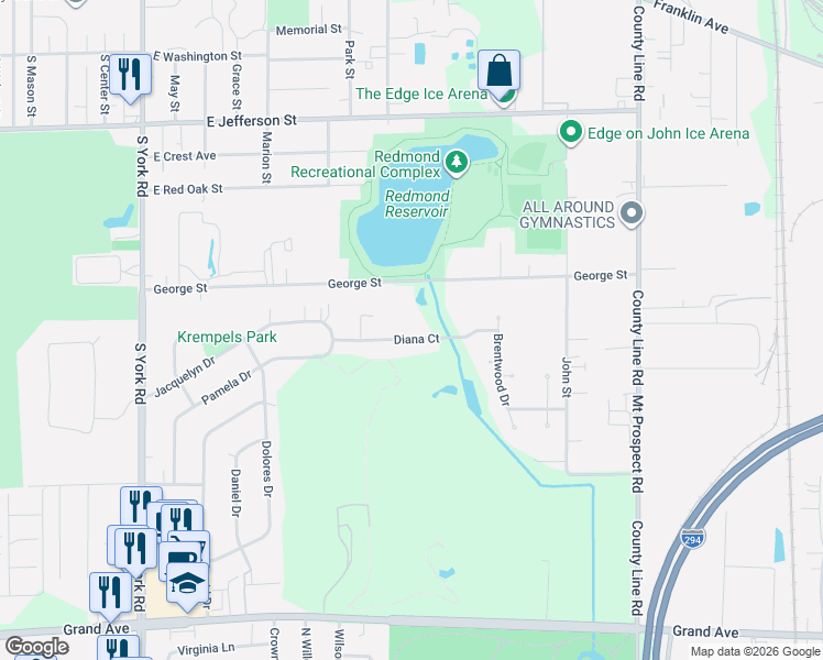 map of restaurants, bars, coffee shops, grocery stores, and more near 432 Diana Court in Bensenville