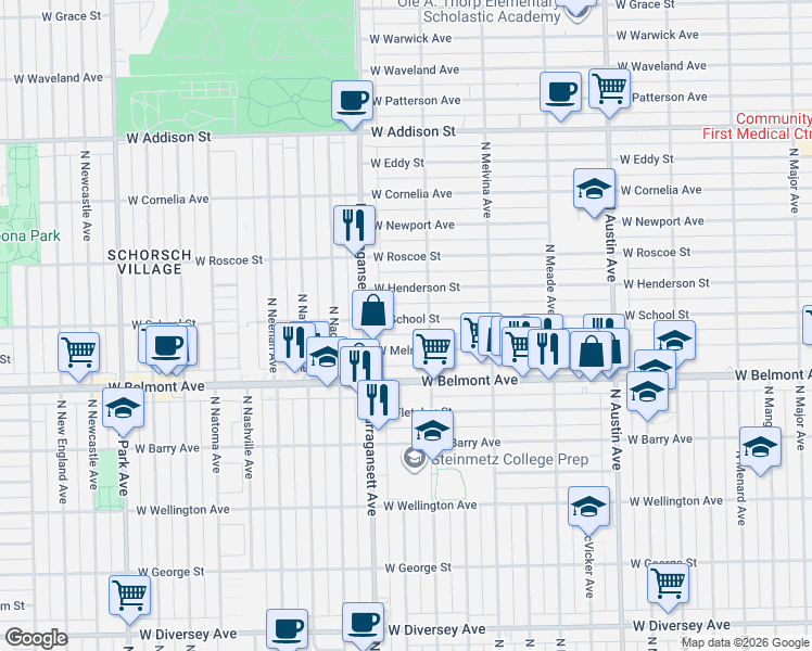 map of restaurants, bars, coffee shops, grocery stores, and more near 6323 West School Street in Chicago