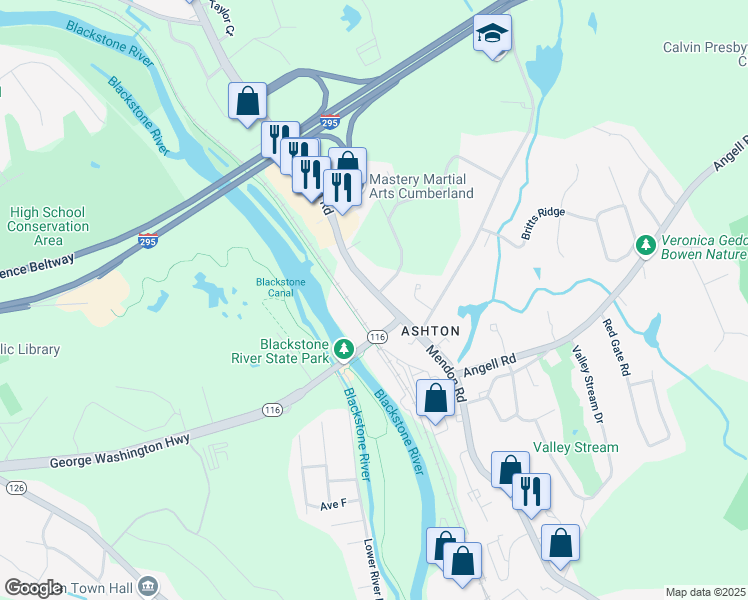 map of restaurants, bars, coffee shops, grocery stores, and more near 1590 Mendon Road in Cumberland