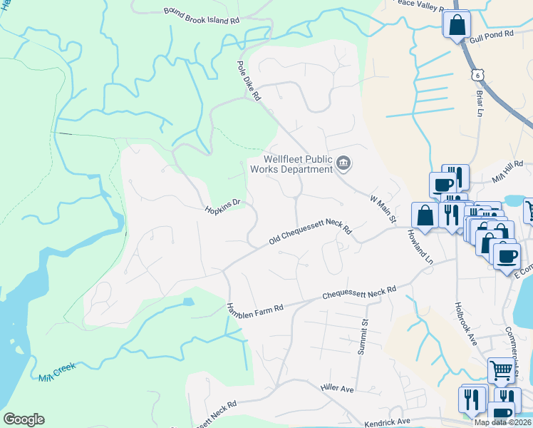 map of restaurants, bars, coffee shops, grocery stores, and more near 70 Hopkins Drive in Wellfleet