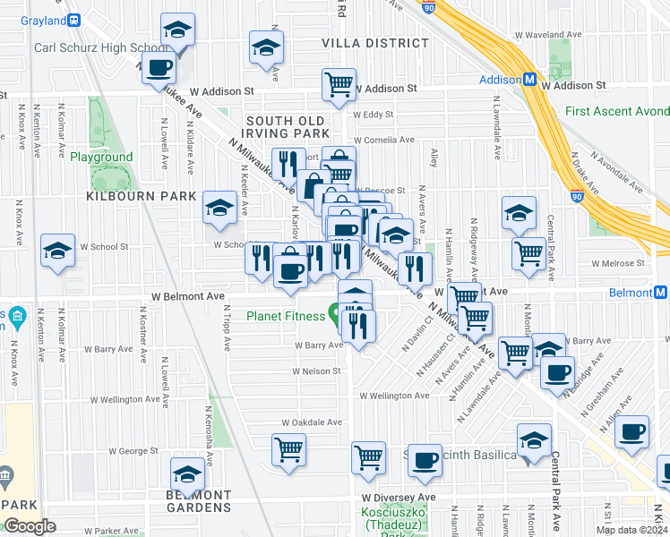 map of restaurants, bars, coffee shops, grocery stores, and more near 4022 West Melrose Street in Chicago