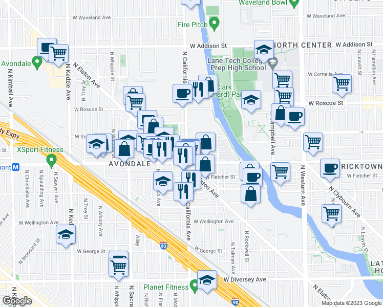 map of restaurants, bars, coffee shops, grocery stores, and more near 3217 North California Avenue in Chicago