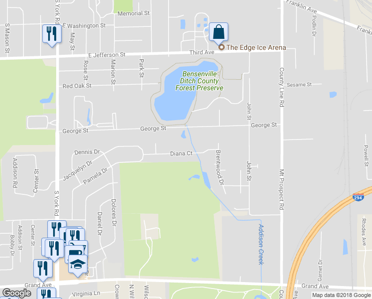 map of restaurants, bars, coffee shops, grocery stores, and more near 432 Diana Court in Bensenville