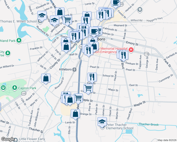map of restaurants, bars, coffee shops, grocery stores, and more near 130 Union Street in Attleboro