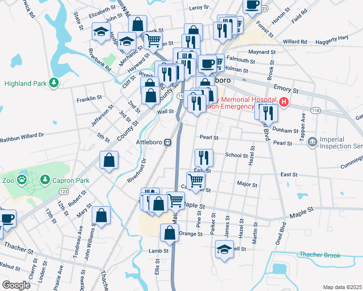 map of restaurants, bars, coffee shops, grocery stores, and more near 130 South Main Street in Attleboro