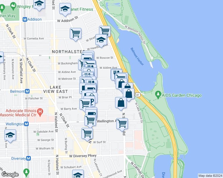 map of restaurants, bars, coffee shops, grocery stores, and more near 421 West Belmont Avenue in Chicago