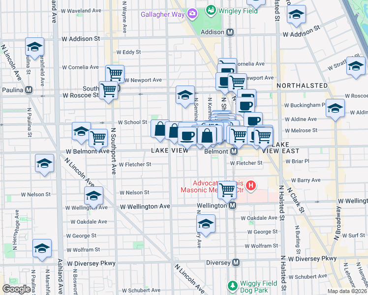 map of restaurants, bars, coffee shops, grocery stores, and more near 3201 North Seminary Avenue in Chicago