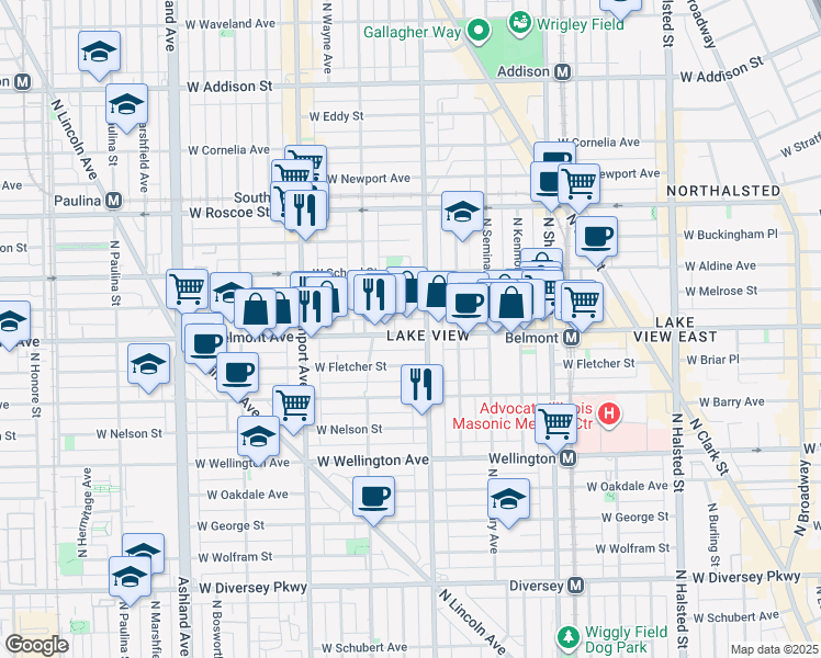 map of restaurants, bars, coffee shops, grocery stores, and more near 1222 West Belmont Avenue in Chicago