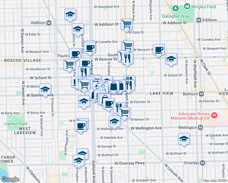 map of restaurants, bars, coffee shops, grocery stores, and more near 1456 West Belmont Avenue in Chicago