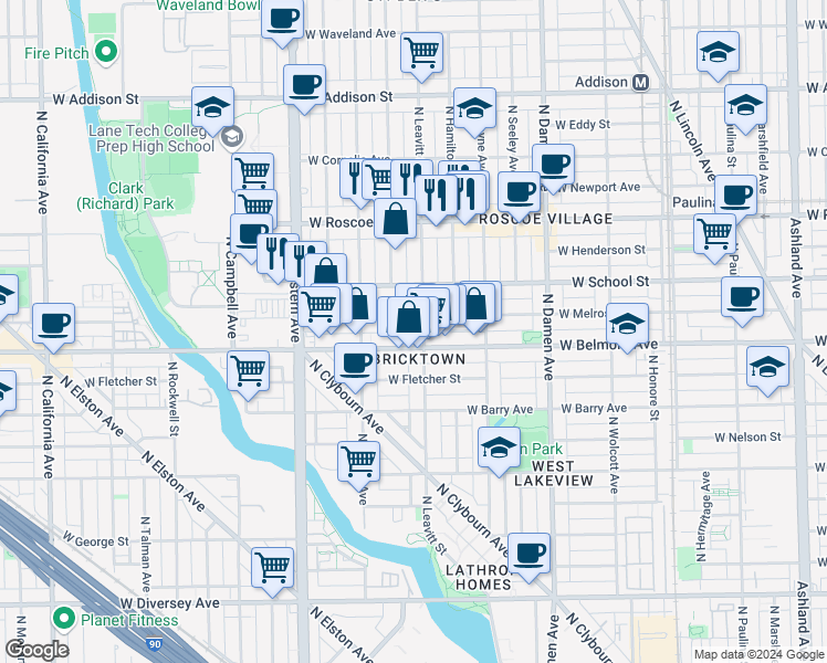 map of restaurants, bars, coffee shops, grocery stores, and more near 2219 West Melrose Street in Chicago