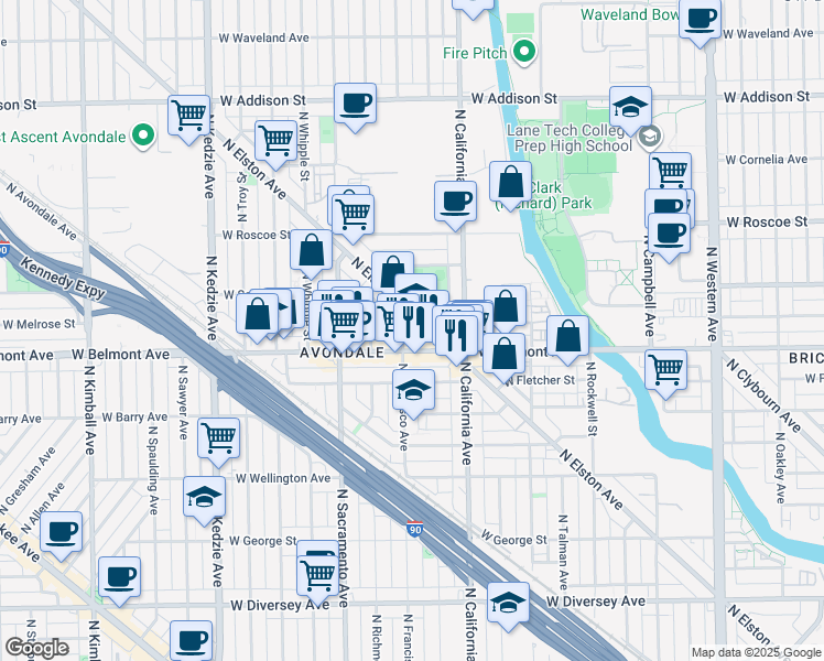 map of restaurants, bars, coffee shops, grocery stores, and more near 3216 North Francisco Avenue in Chicago