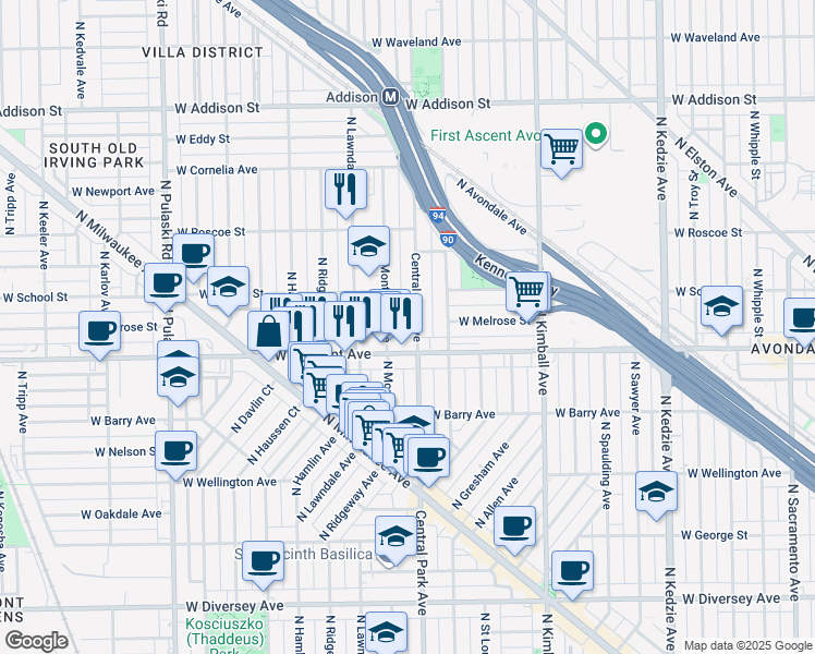 map of restaurants, bars, coffee shops, grocery stores, and more near 3229 North Monticello Avenue in Chicago