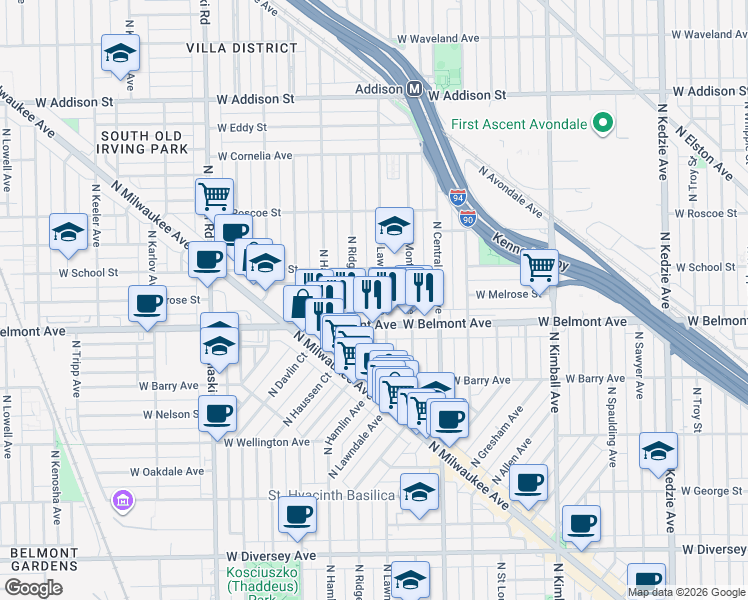 map of restaurants, bars, coffee shops, grocery stores, and more near 3224 North Lawndale Avenue in Chicago