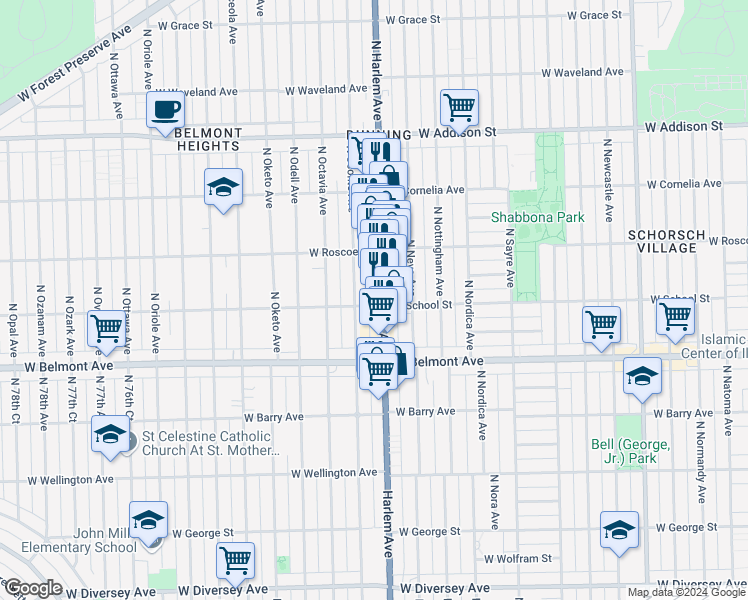 map of restaurants, bars, coffee shops, grocery stores, and more near 3302 North Harlem Avenue in Chicago