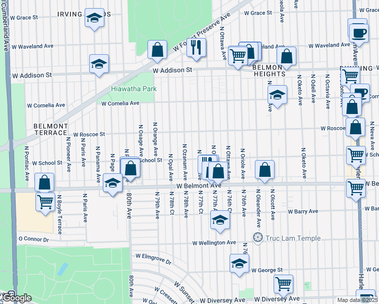 map of restaurants, bars, coffee shops, grocery stores, and more near 3314 North Ozark Avenue in Chicago