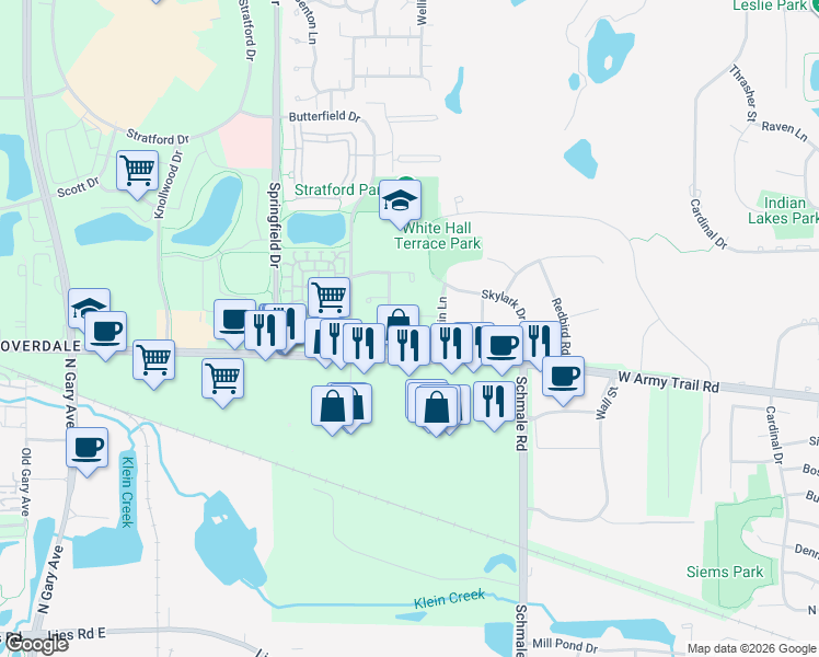 map of restaurants, bars, coffee shops, grocery stores, and more near 300 Martin Court in Bloomingdale