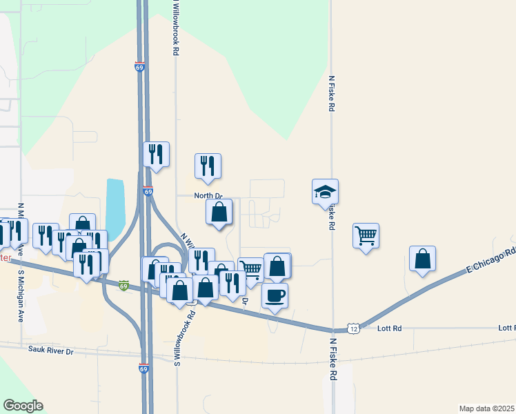 map of restaurants, bars, coffee shops, grocery stores, and more near 21 Sauk Boulevard in Coldwater