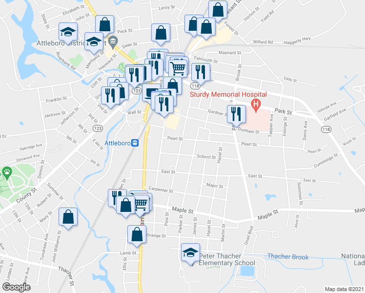 map of restaurants, bars, coffee shops, grocery stores, and more near 116 Pine Street in Attleboro