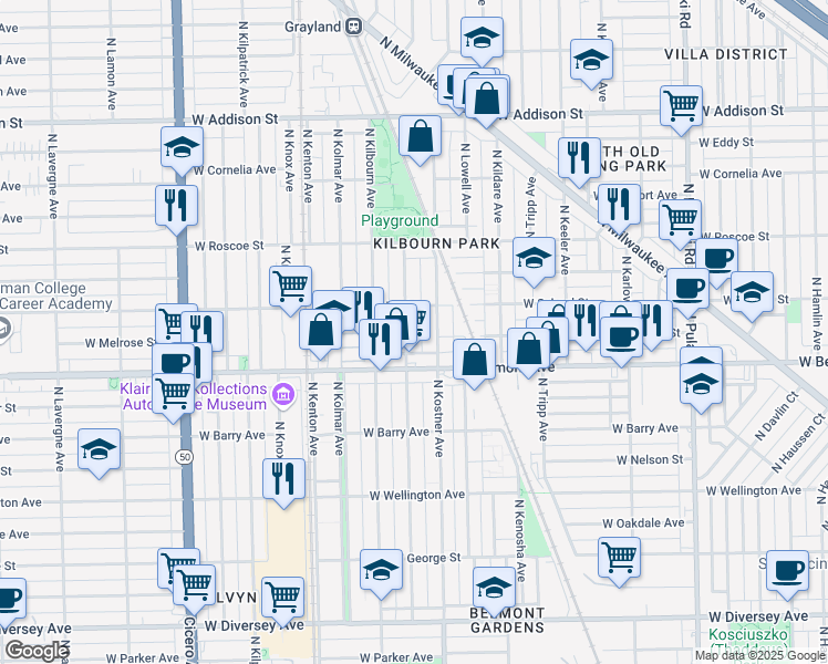 map of restaurants, bars, coffee shops, grocery stores, and more near 3235 North Kenneth Avenue in Chicago
