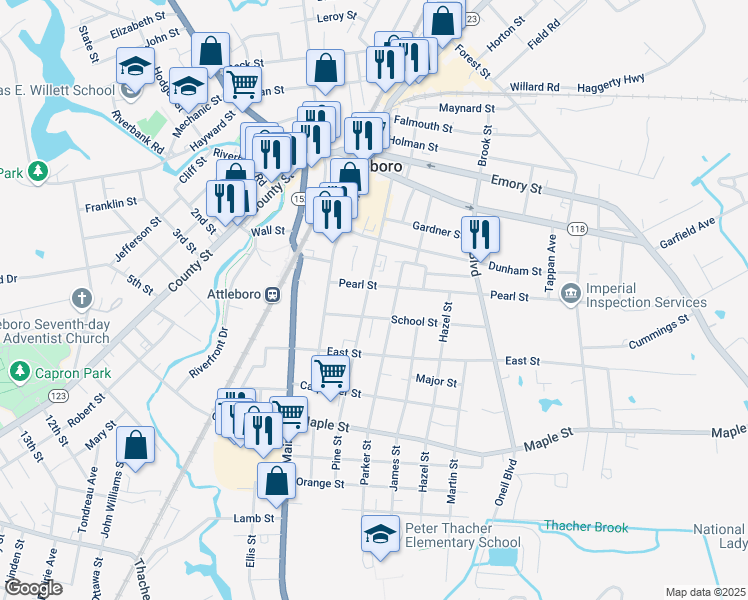 map of restaurants, bars, coffee shops, grocery stores, and more near 114 Pine Street in Attleboro