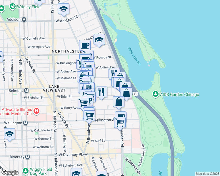 map of restaurants, bars, coffee shops, grocery stores, and more near 437 West Belmont Avenue in Chicago
