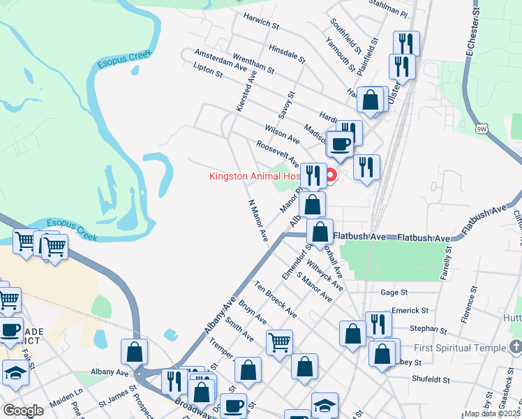 map of restaurants, bars, coffee shops, grocery stores, and more near 190 N Manor Ave in Kingston
