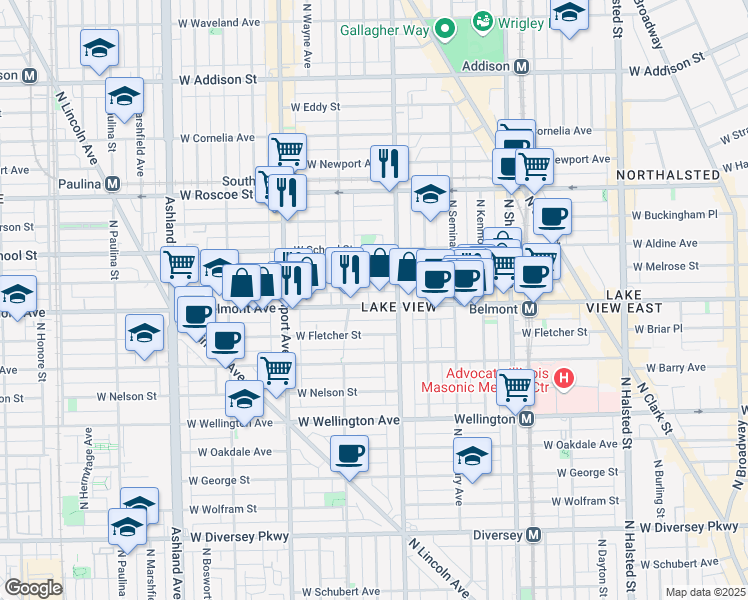 map of restaurants, bars, coffee shops, grocery stores, and more near 1222 West Belmont Avenue in Chicago