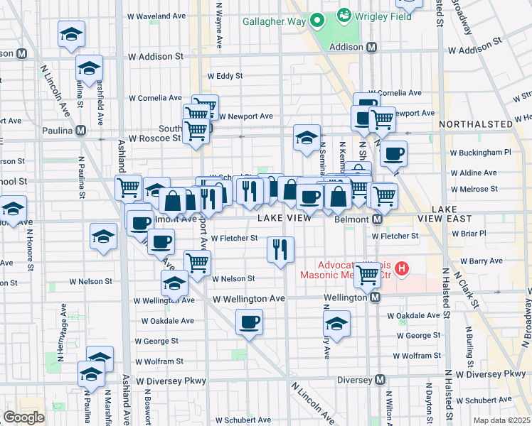 map of restaurants, bars, coffee shops, grocery stores, and more near 1224 West Belmont Avenue in Chicago