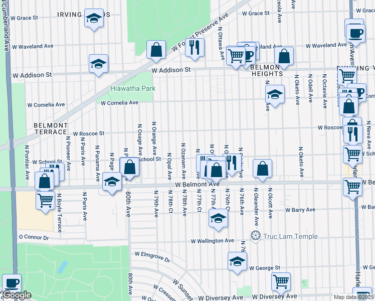 map of restaurants, bars, coffee shops, grocery stores, and more near 3314 North Ozark Avenue in Chicago