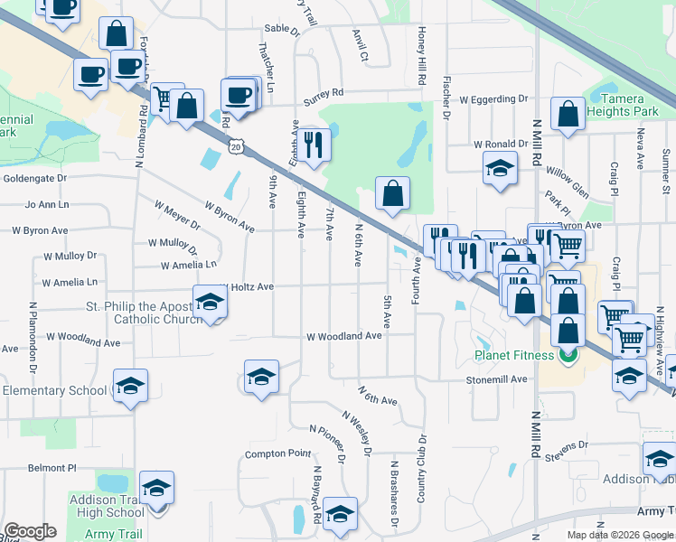 map of restaurants, bars, coffee shops, grocery stores, and more near 4N327 7th Avenue in Addison