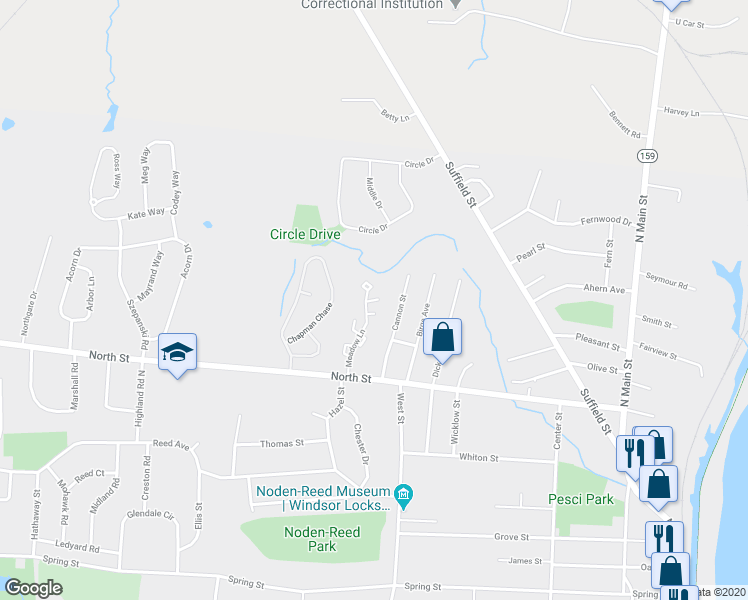 map of restaurants, bars, coffee shops, grocery stores, and more near 82 Woodcock Court in Windsor Locks