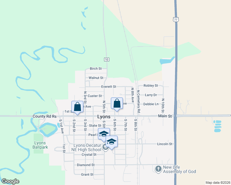 map of restaurants, bars, coffee shops, grocery stores, and more near 600 Custer Avenue in Lyons