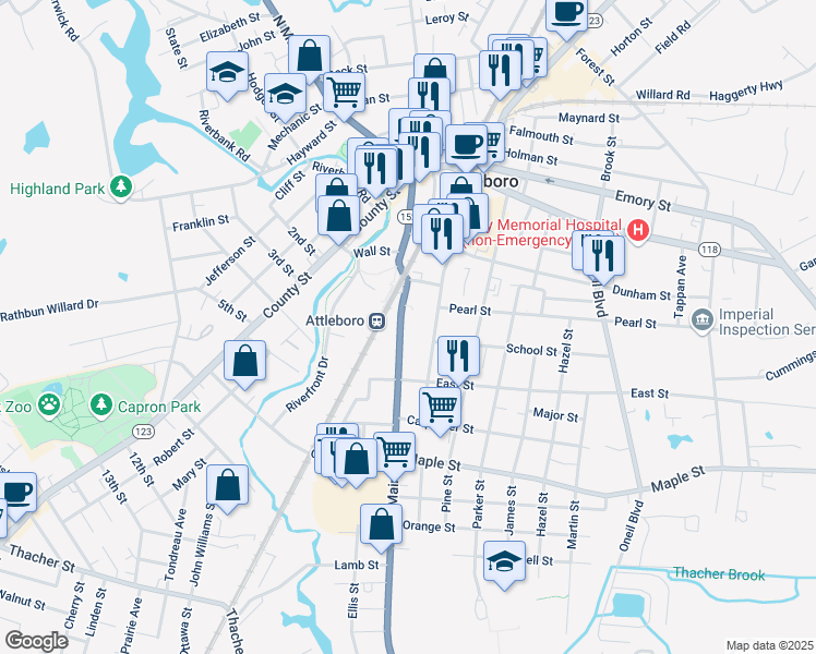map of restaurants, bars, coffee shops, grocery stores, and more near 130 South Main Street in Attleboro