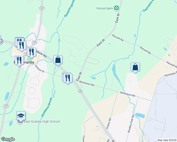 map of restaurants, bars, coffee shops, grocery stores, and more near 8 Harvest Lane in East Granby