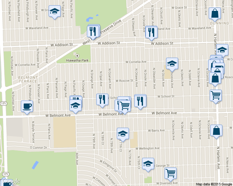 map of restaurants, bars, coffee shops, grocery stores, and more near 3314 North Ozark Avenue in Chicago