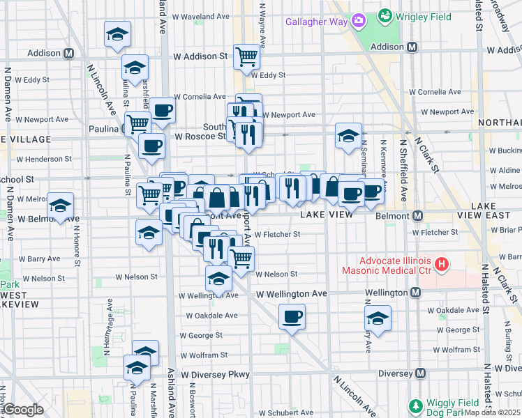 map of restaurants, bars, coffee shops, grocery stores, and more near 1342 West Belmont Avenue in Chicago