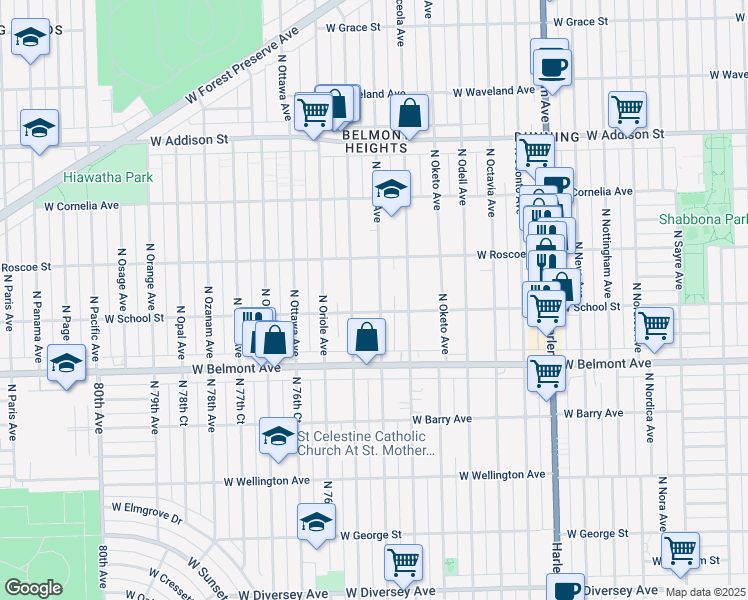 map of restaurants, bars, coffee shops, grocery stores, and more near 3310 North Olcott Avenue in Chicago