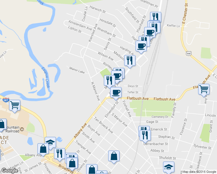 map of restaurants, bars, coffee shops, grocery stores, and more near 44 Manor Place in Kingston