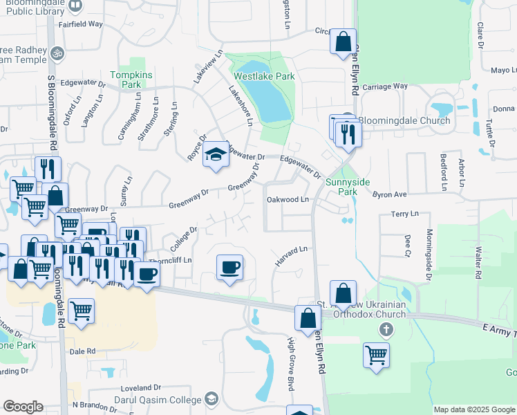 map of restaurants, bars, coffee shops, grocery stores, and more near 326 Colony Green Drive in Bloomingdale