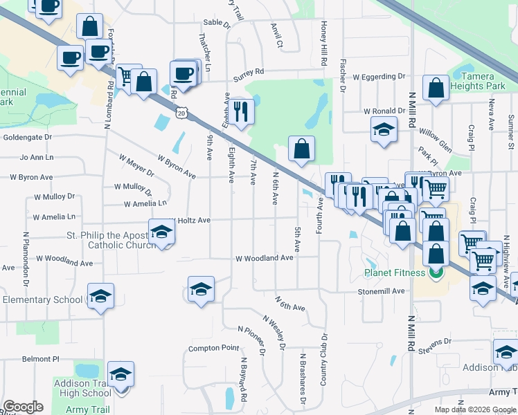 map of restaurants, bars, coffee shops, grocery stores, and more near 4N327 7th Avenue in Addison