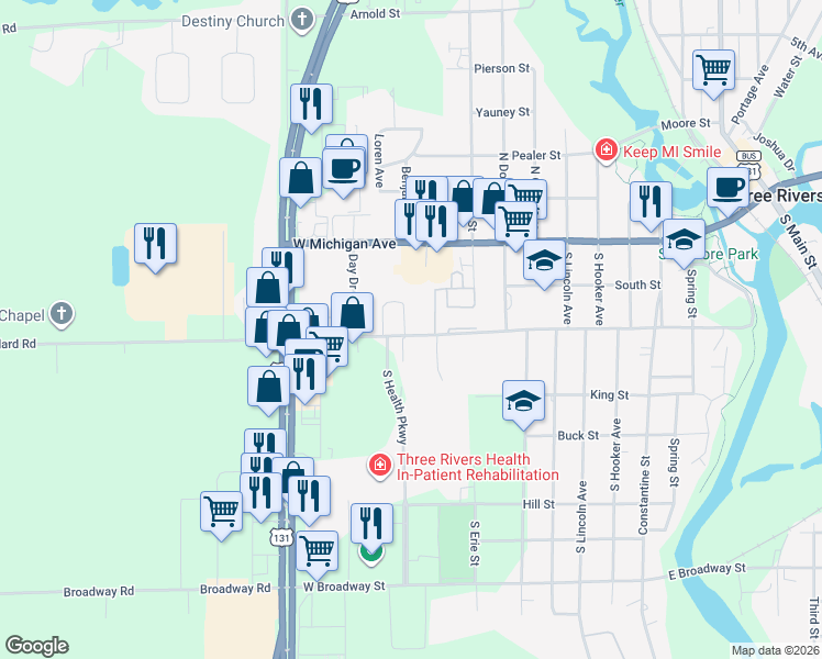 map of restaurants, bars, coffee shops, grocery stores, and more near 1105 Millard Street in Three Rivers