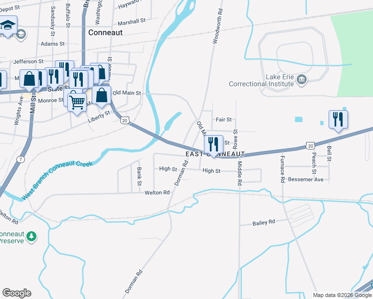 map of restaurants, bars, coffee shops, grocery stores, and more near 215 East Main Road in Conneaut