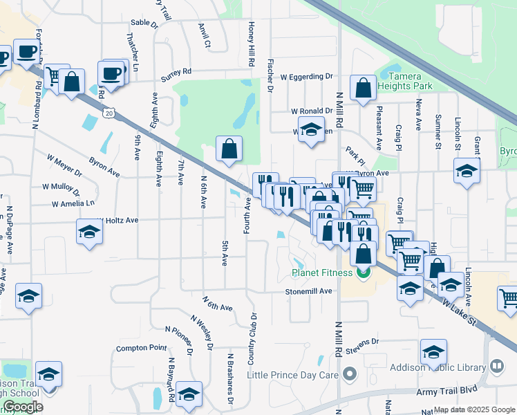 map of restaurants, bars, coffee shops, grocery stores, and more near 715 West Lake Street in Addison