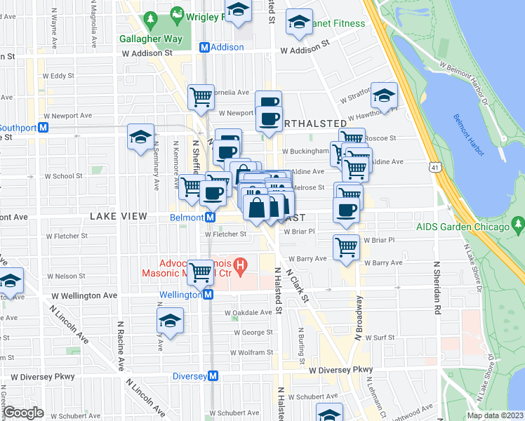 map of restaurants, bars, coffee shops, grocery stores, and more near 820 West Belmont Avenue in Chicago
