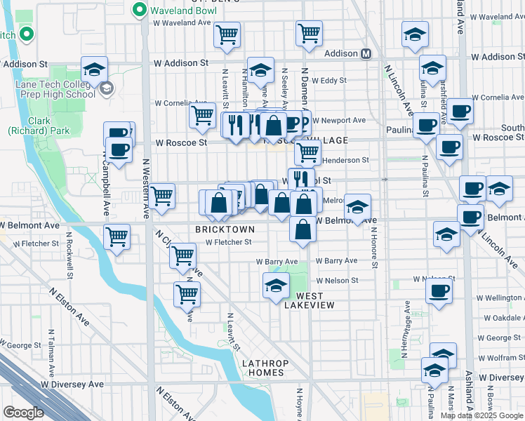 map of restaurants, bars, coffee shops, grocery stores, and more near 3214 North Hoyne Avenue in Chicago
