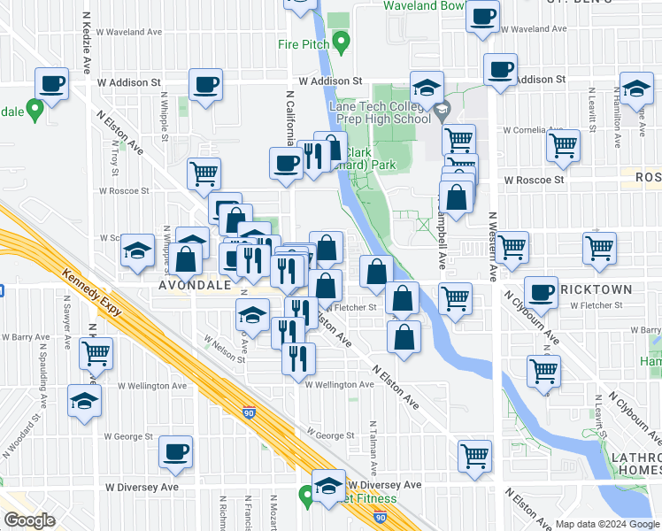map of restaurants, bars, coffee shops, grocery stores, and more near 2719 West Melrose Street in Chicago