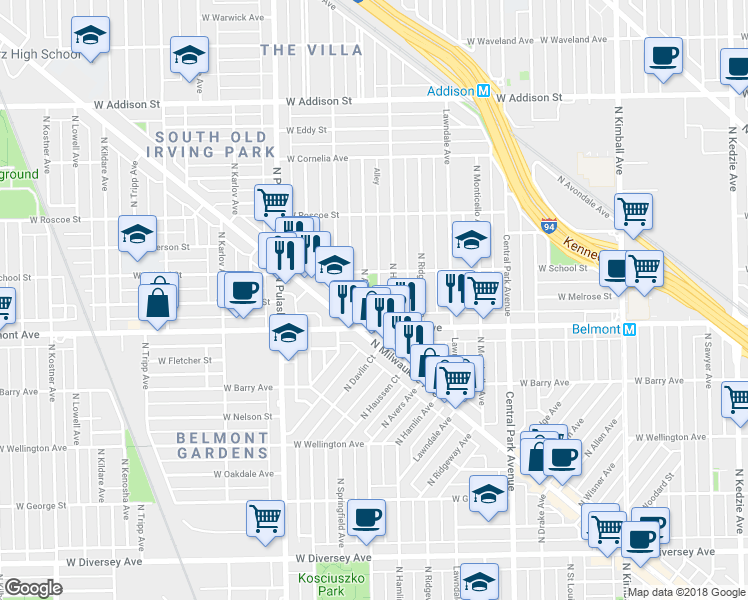 map of restaurants, bars, coffee shops, grocery stores, and more near 3231 North Avers Avenue in Chicago