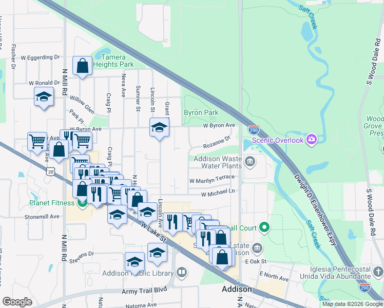 map of restaurants, bars, coffee shops, grocery stores, and more near 703 Rozanne Drive in Addison